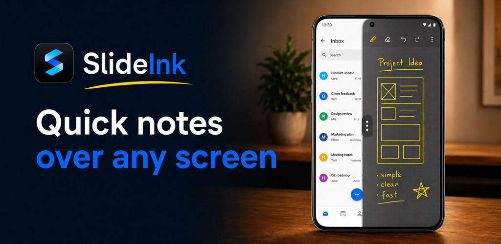 SlideInk app showing quick handwritten notes over another app