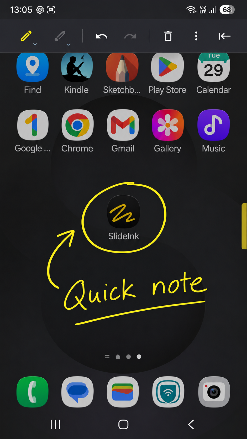 SlideInk drawing overlay over an Android home screen with its toolbar, floating handle, arrow, circle and a quick note