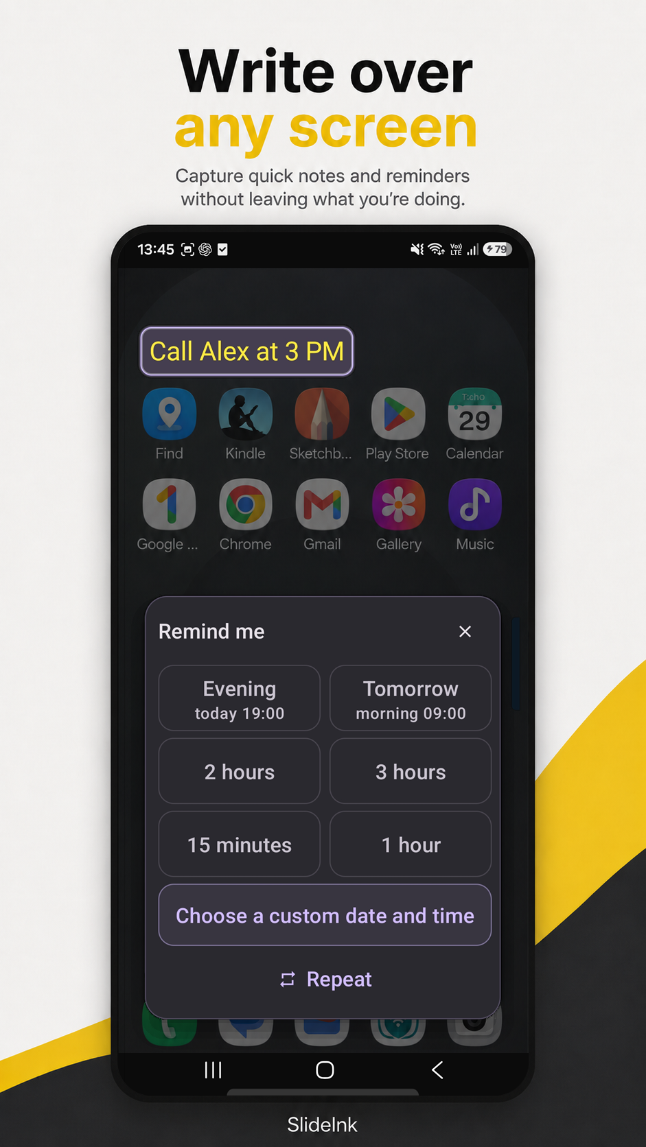 Typed note Call Alex at 3 PM over an Android home screen, with the Remind me panel open