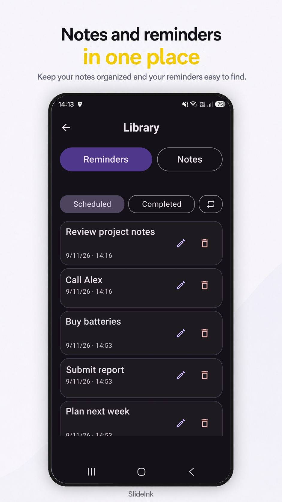 SlideInk Library with the Reminders tab, Scheduled and Completed controls, and reminder cards