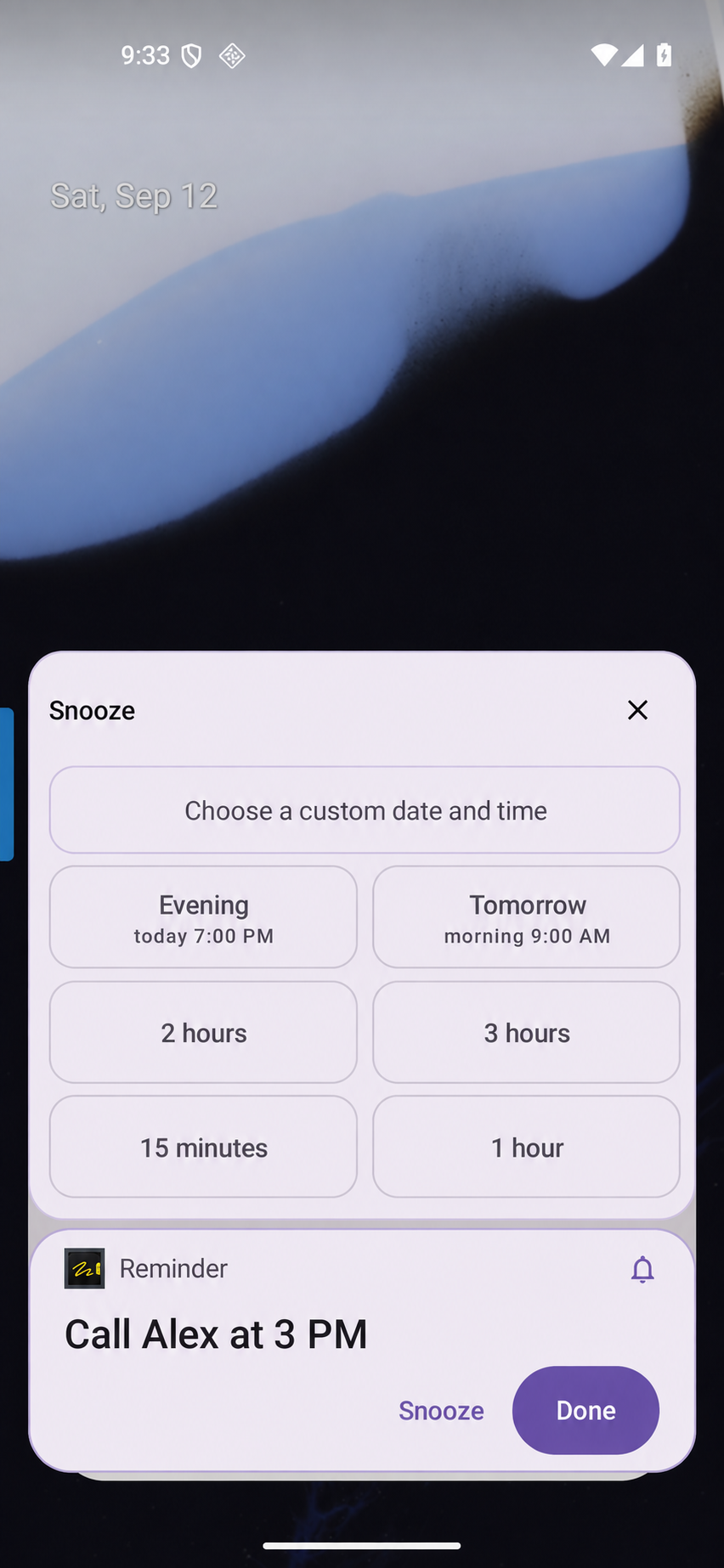 SlideInk Snooze options above a delivered reminder for Call Alex at 3 PM with Snooze and Done actions
